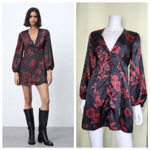 Zara Satin Jacquard Mini Dress Womens Small Black Red Floral Button Up Romantic